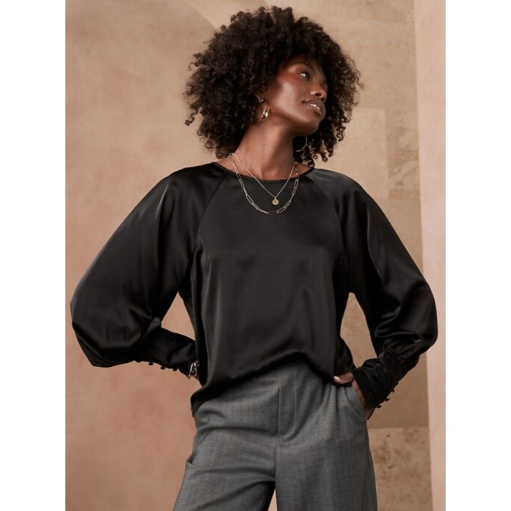 Banana Republic Tie Back Blouson Sleeve Black Satin Top Size XS RT$65